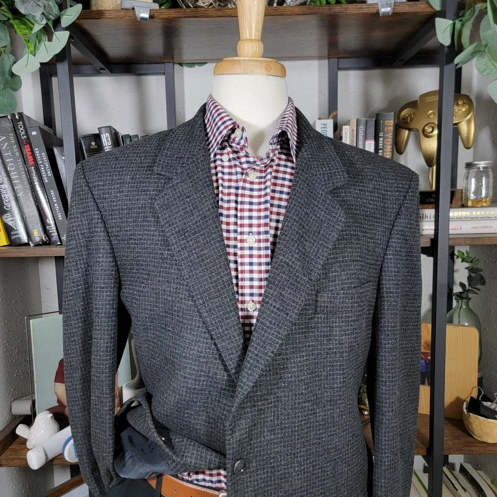 VTG John Weitz Signature Collection‎ Men's Tweed Sport Coat Charcoal Checked 46R